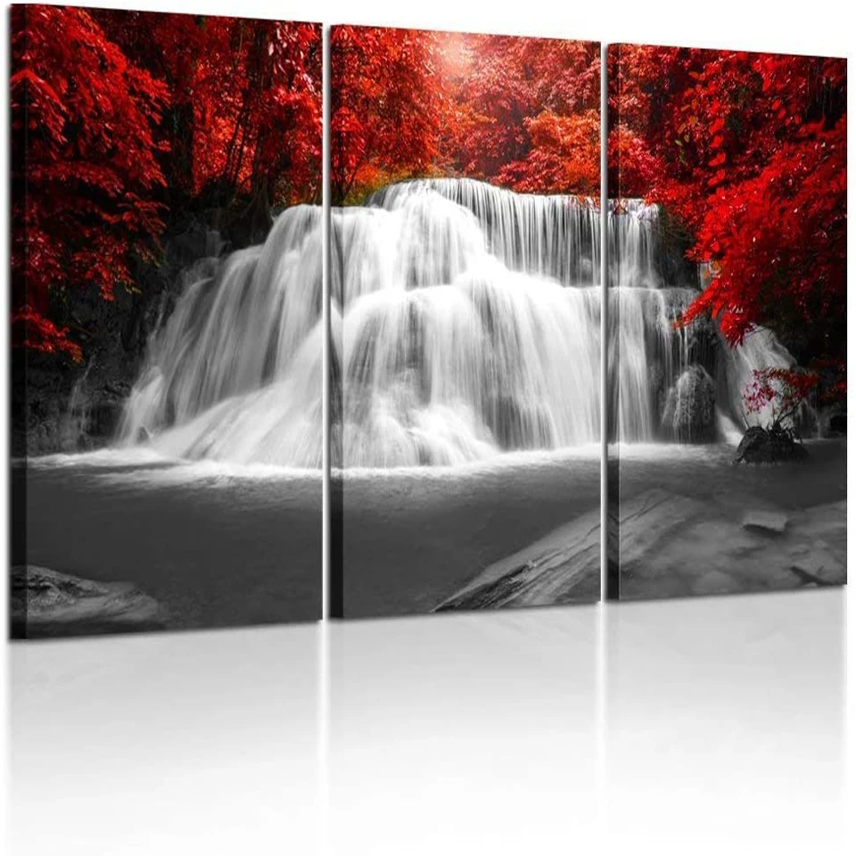 

3 Pcs Red Woods Waterfall POSTERS Canvas Painting Modern Home Decoration Living Room Canvas Print Painting Wall Decor Picture