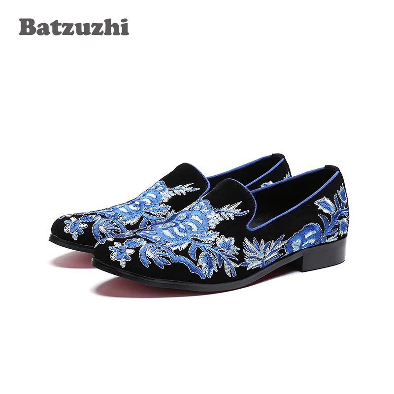 Batzuzhi Brand Men Shoes Casual Leather Shoes Black Suede with Blue Flowers Men Loafers Moccasins Italian Shoes for Men Flats