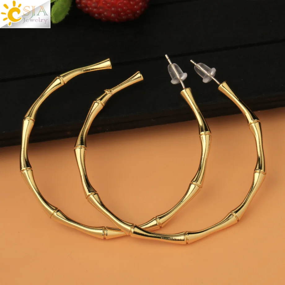 CSJA Big Chunky Bamboo Hoop Earrings 2020 for Girl Gold Color Copper Round Circle Earrings  Shiny Ear Jewelry Luxury Punk S716