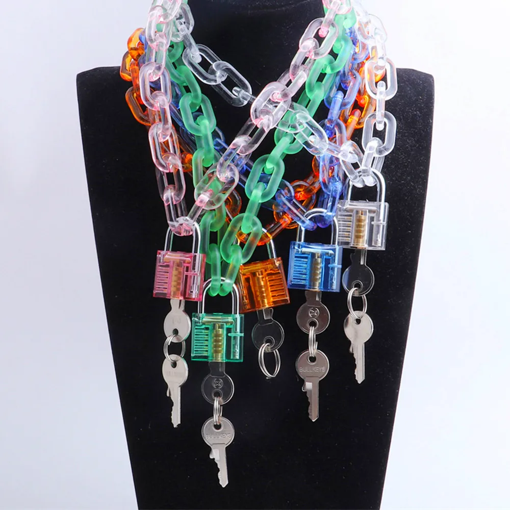 New Punk Acrylic Chain Lock Pendant Necklace For Women Girl Pink Transparent Long Chain Necklace Nightclub Party Fashion Jewelry