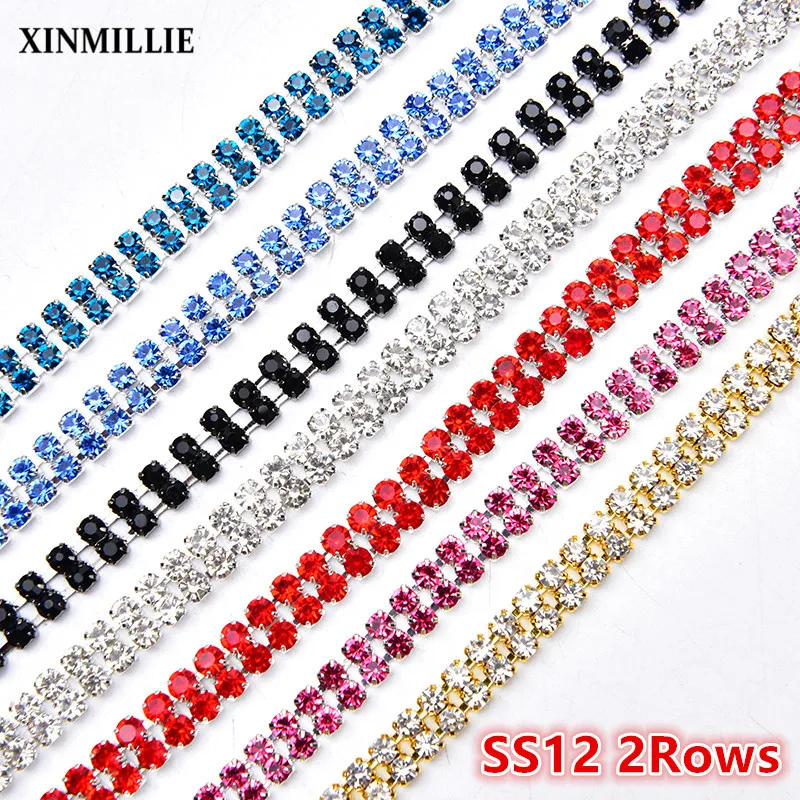 5 Yards/Lot SS12 3mm Rhinestone Trim 2 Rows Glass Crystal Cup Chain Wedding Dress Decoration Sewing Fabric DIY Accessories