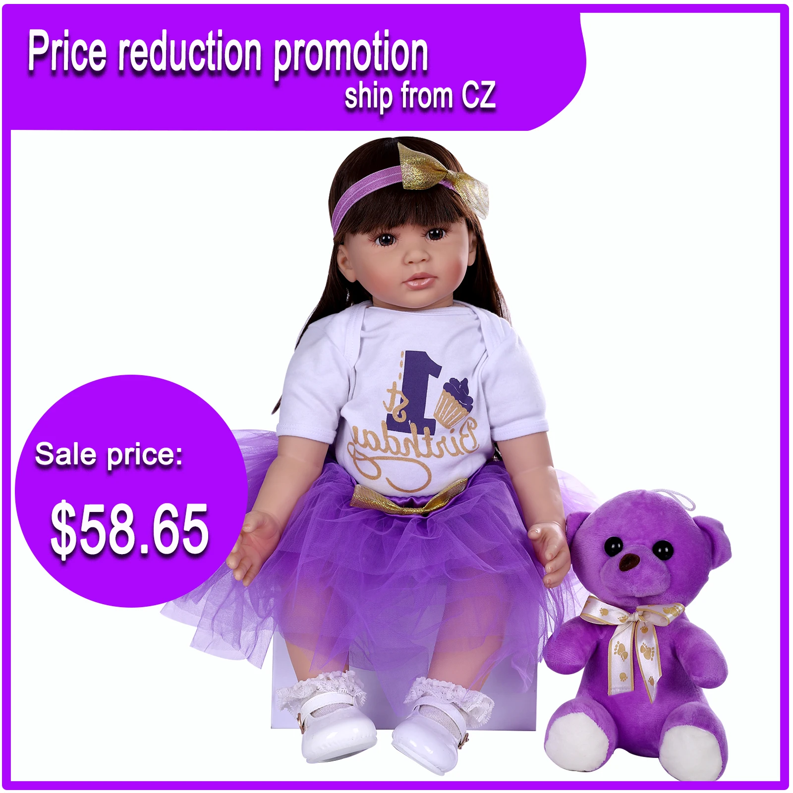 

Large 60 Cm Reborn Doll Girl Toy Simulation Silicone Purple Veil Skirt Body Filled PP Cotton Romantic Holiday Birthday Gift