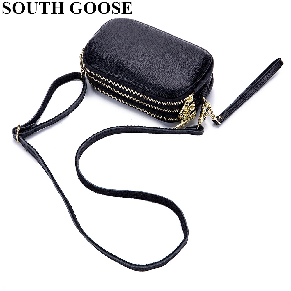 SOUTH GOOSE Stylish Shoulder Bag for Women Genuine Leather Messenger Bags Three-layer Zip Pocket Bag Female Small Crossbody Bags