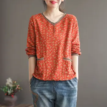Camiseta Vintage para mujer, camisa de manga larga de algodón y lino con cuello en V, camiseta holgada, ropa de otoño, camiseta básica, Top informal para mujer