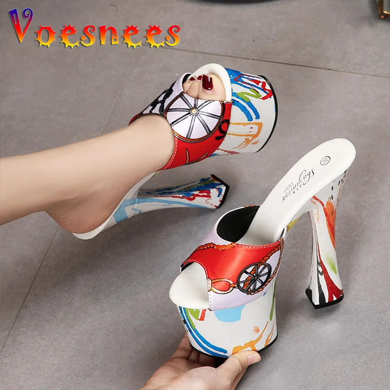 Voesnees New Silk Women Slippers Fashion Printing Summer High Heel Sandals Waterproof platform 17.5CM Slides Party Shoes Size 43