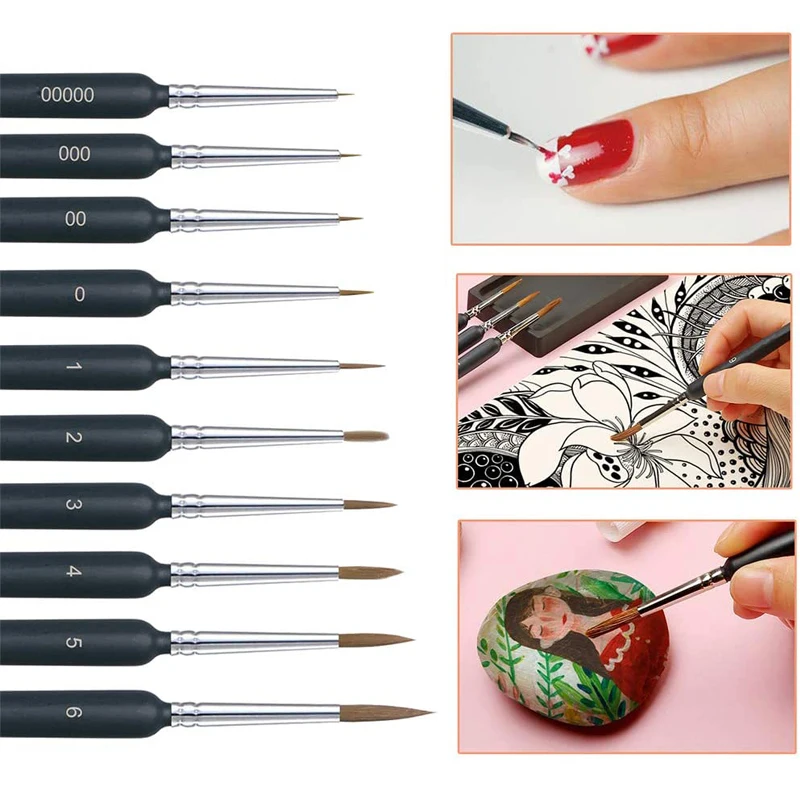 Juego de 10 pinceles de pintura en miniatura con mango ergonómico para pintura acrílica, pintura para adultos por números