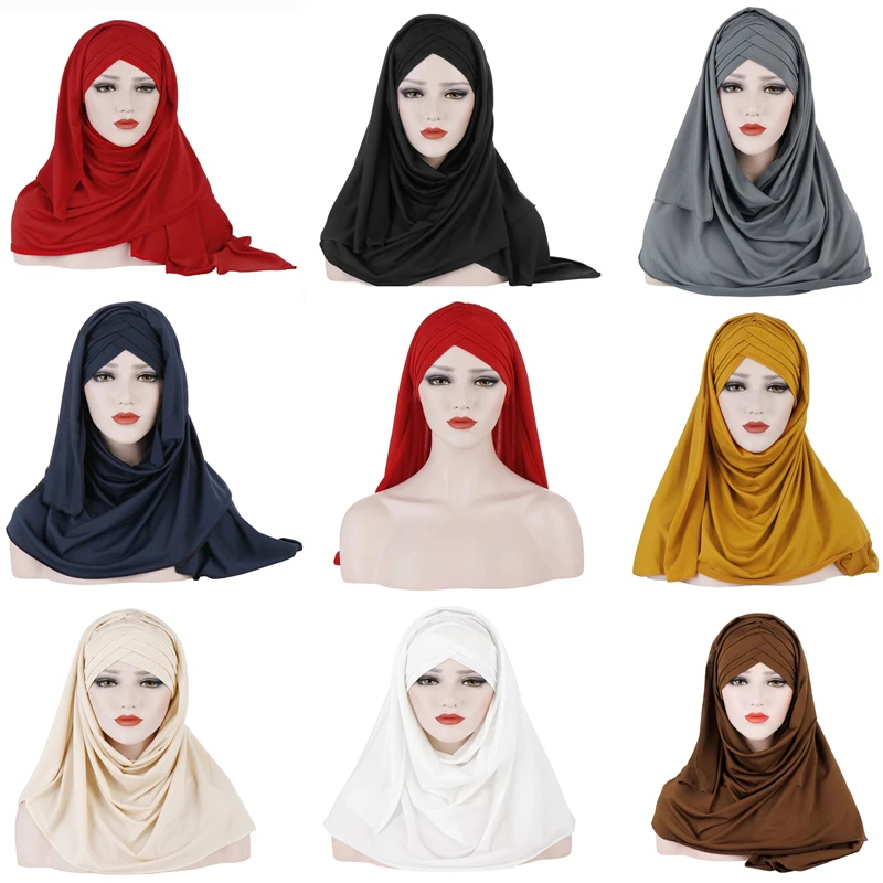 

New Fashion Women Soft Plain Cotton Forehead Crossed Hair Wrap Scarf Solid Color Hijabs Muslim Turban Shawls