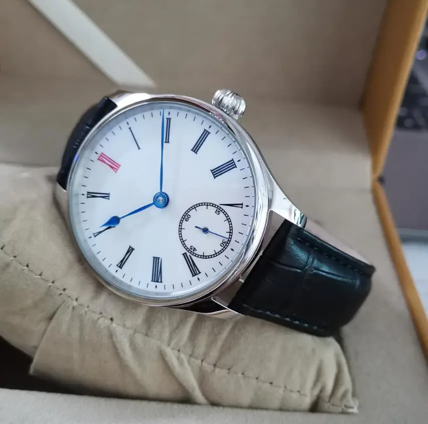 GEERVO No logo 41mm orologio meccanico manuale da uomo quadrante bianco numero romano mano blu ST3621 movimento di seconda mano è alle 6 in punto