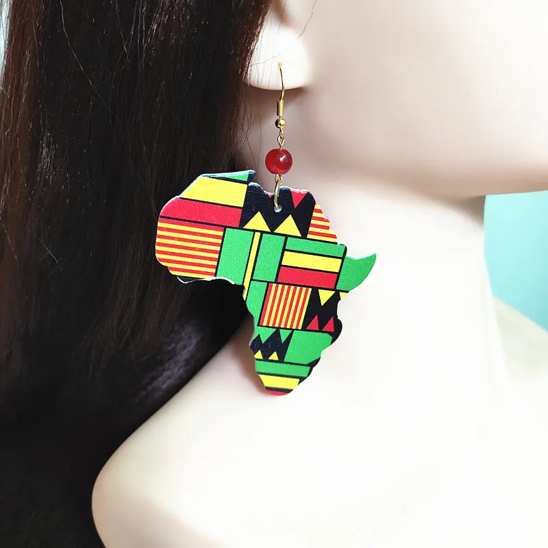 New Big Africa Shape Printing Drop Earrings Asymmetric Wood Party Dancing Earrings Personality Gifts Women Party Wooden Jewelry