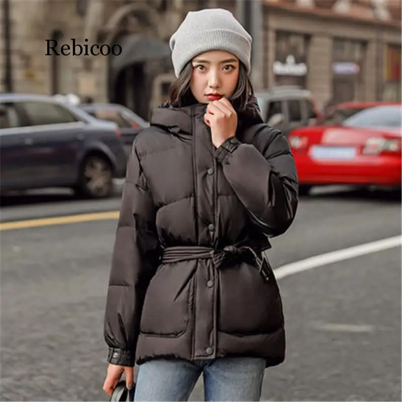 New Winter Women Jackets Fashion OL Parka Hooded Winter Jacket With Belt Loose Coat Women Button Down Jacket Ladies