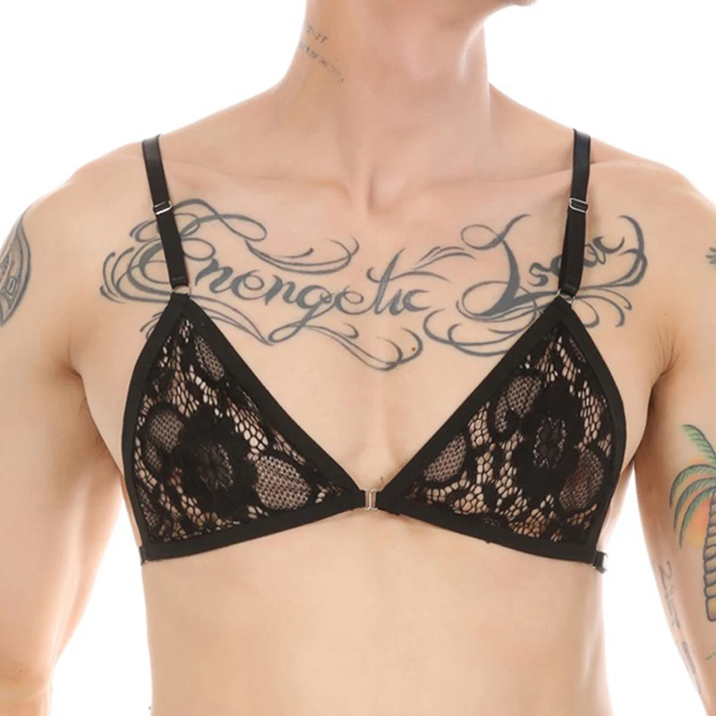 CLEVER-MENMODE Sexy Männer Erotische Spitze Bh Crossdressing Dessous Spaghetti-trägern Einstellbar Draht-freies Ungefüttert Tops Transparent