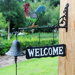 Cast Iron Rooster Wall Hand Cranking Bell With Welcome Sign Plauqe Countryside Double-sided Hand Paint Multi Colors For Garden