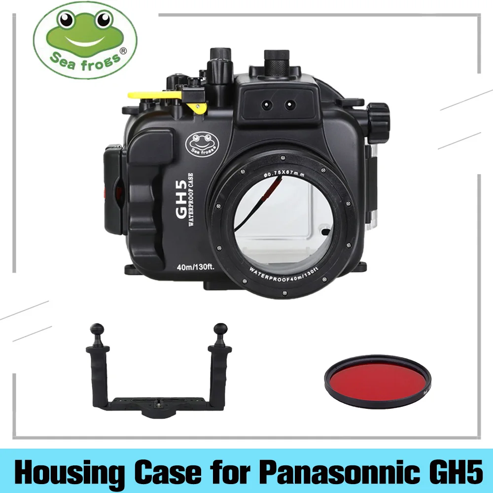 Seafrogs 40m 130ft Underwater Camera Housing Case For Panasonnic GH5+Meikon Two Hands Aluminium Tray+MEIKON Red Filter 67mm