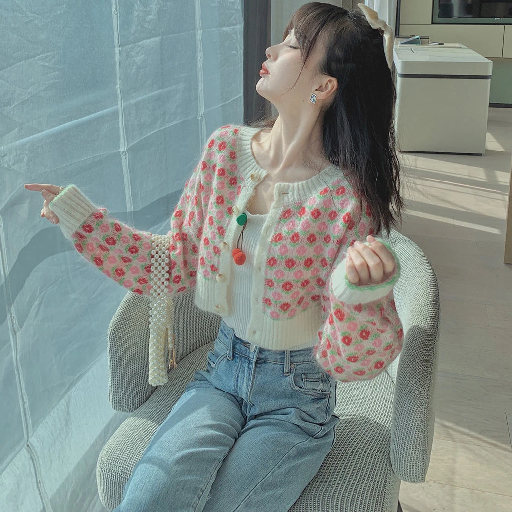 Pink Floral Cardigan Women Sweet Crop Top Slender Knitting Spring Lovely Girls Soft Fresh Ulzzang Teenagers Gentle Sweaters Chic