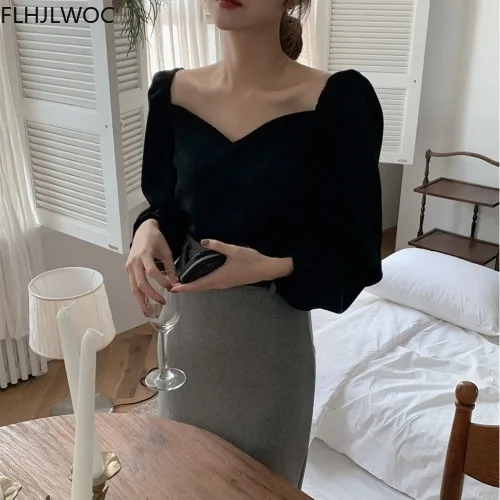 2021 Spring New Korea Design Chic Tops Women Solid Black Fashion Office Lady Party Sexy Off Shoulder Shirts Blouses