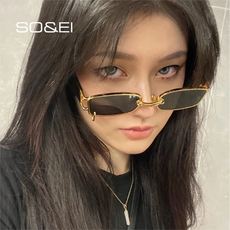 SO&EI Fashion Small Rectangle Punk Sunglasses Women Brand Designer Vintage Metal Ring Decoration Men Sun Glasses Shades UV400