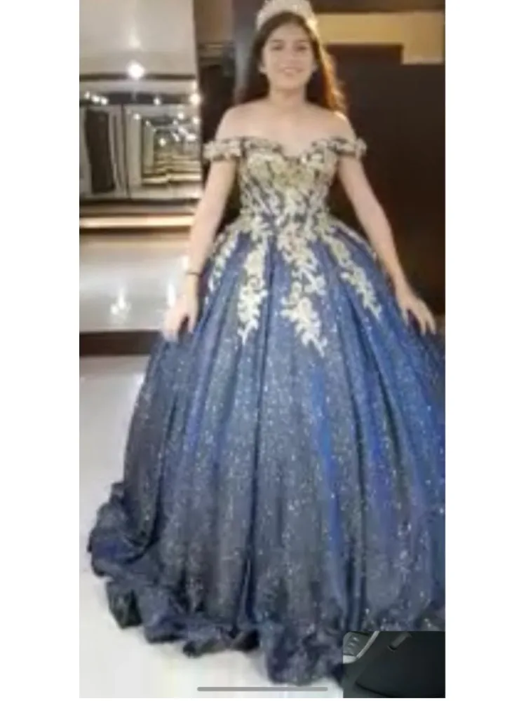 Kleid für unsere kunden Zurley navy blue glitter pailletten gold spitze ballkleid weg von der schulter Quinceanera Kleider