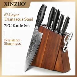 XINZUO 7PCS Pro Knives Sets Super Sharp Japanese Damascus Steel Chef Santoku Kitchen Scissors Knives Set Block Stand Holder