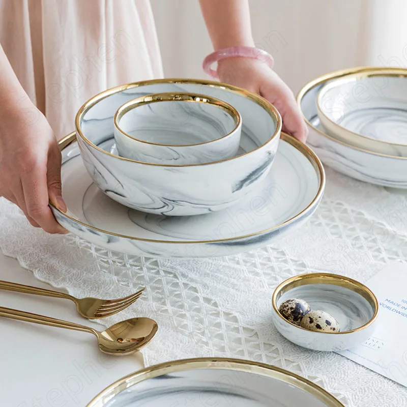 Creative Marble Texture Ceramic Plate Nordic Modern Golden Stroke Spiral Texture Dinner Set Plates and Dishes Western Tableware