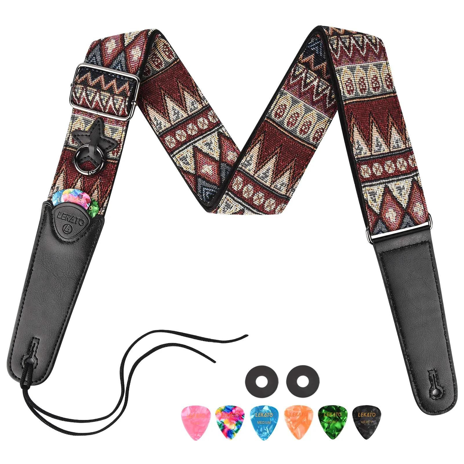 Lekato Guitar Strap Electric Guitars Ukulele Accessories Bass Strap Wide Musical Instrument Guitar Belt with 6 Picks Accessory