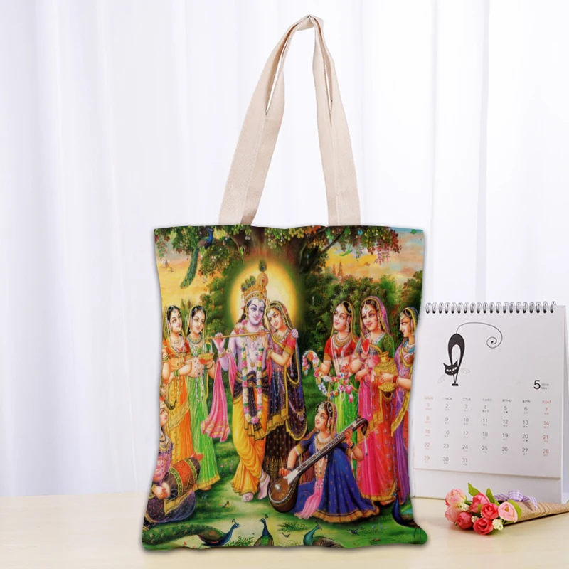 Borsa a tracolla personalizzata Radha Krishna borse in tessuto di tela da donna borse per la spesa riutilizzabili ecologiche borsa a tracolla utile