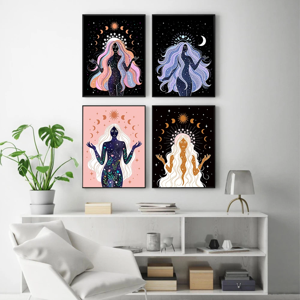 

Boho Witch Earth Celestial Body Star Moon Sun Goddess Poster Painting and Printmaking Nordic Modern Living Room Home Decoration