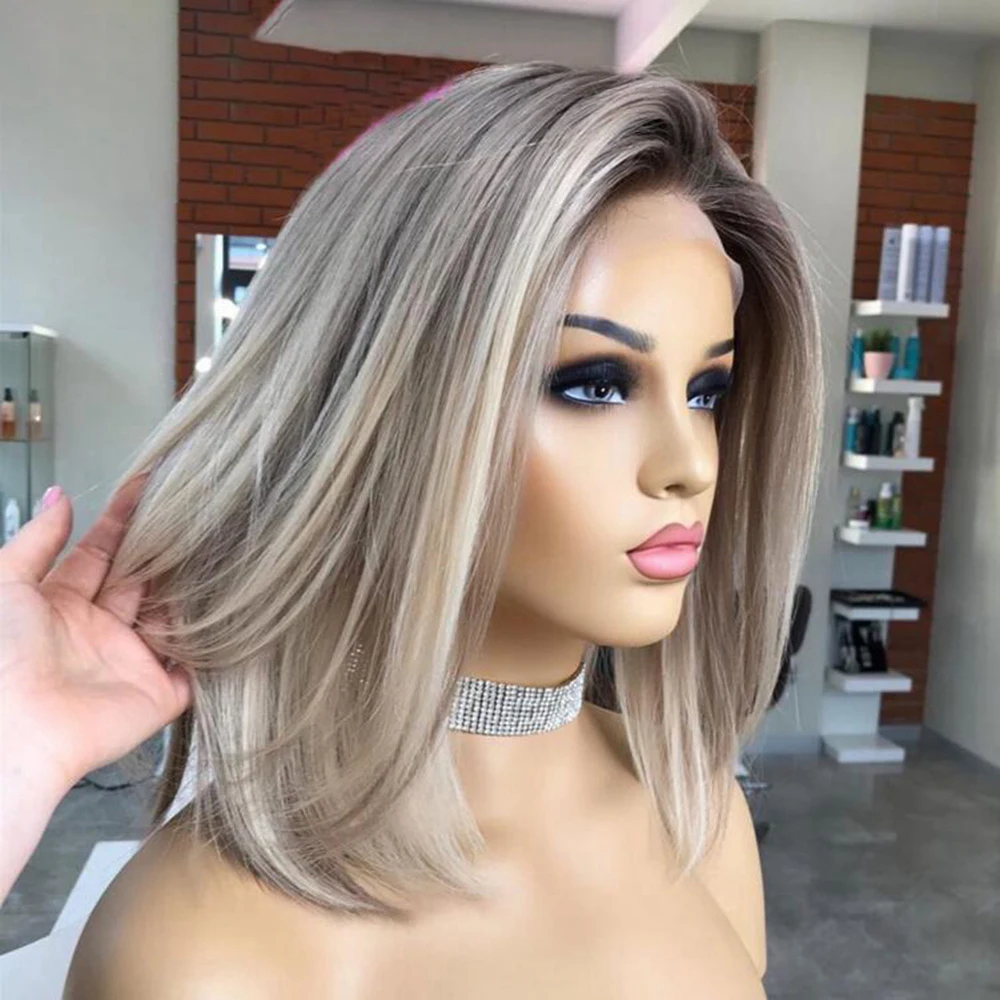 

Short Cut Bob Ombre Ash Blonde Highlight Gray HumanHair Remy Lace Front Wigs For Women With Baby Hair Preplucked Silky Straight