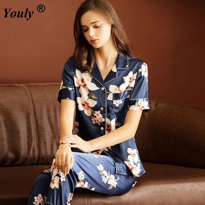 

Floral Print Satin Casual Pajama Set Women Summer Autumn Short Sleeve Long Pants Sleepwear Pocket Ladies Pajama Set Homewear