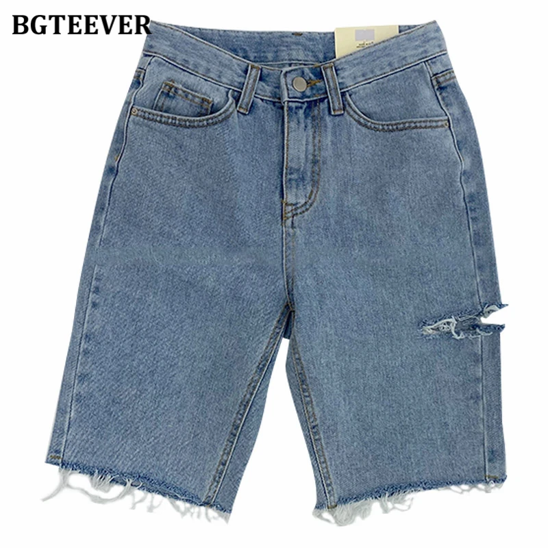 BGTEEVER Sommer Casual Hot Shorts für Frauen Hohe Taille Riped Taste Up Weibliche Denim Shorts Jeans Femme 2021 Streetwear