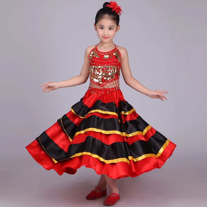 Halloween School Party Dance Costumes Kids Girls Flamenco Skirt Red Black Spanish Traditional Performance Sequin Vest