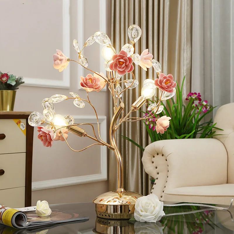 wedding deco Crystal tree Table Lamp LED Ceramic table Light study desk Light Bedroom birthday Gift ceramic Rose standing Lamps