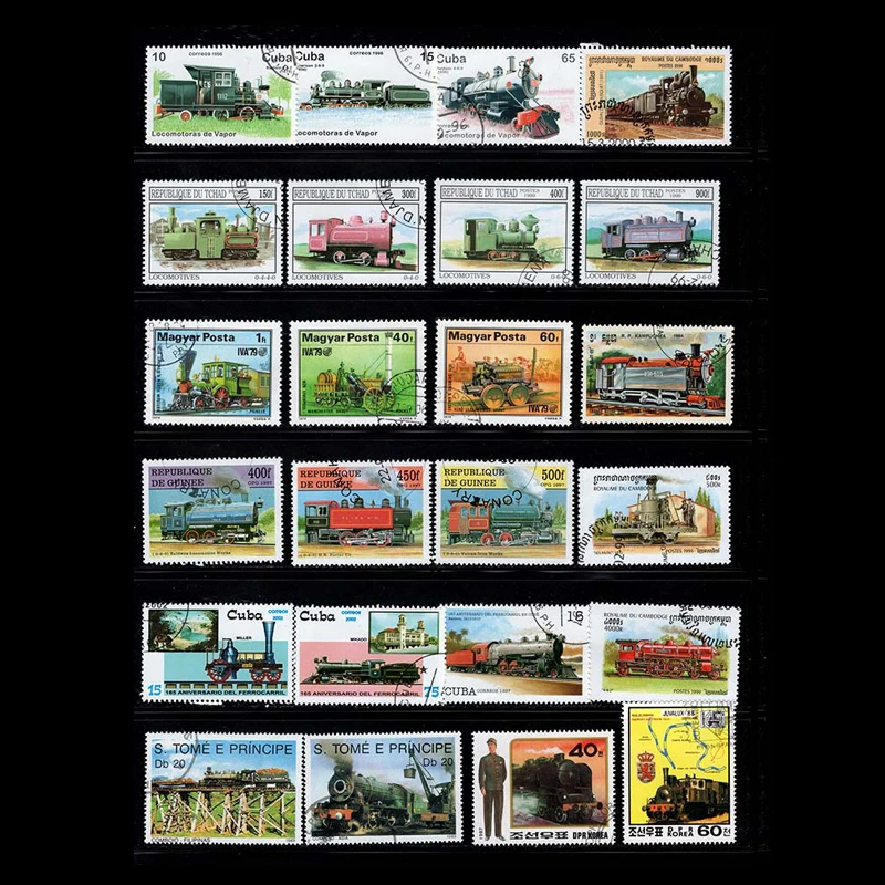 50 PCS No Repeation Topic Steam Train Usused Postage Stamps With  Post Mark For Collection