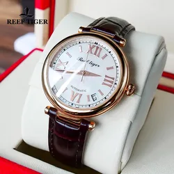 Reef Tiger/RT Elegant Rose Gold Automatic Mechanical Watch MIYOTA 9015 Movement Watch Sapphire Glass Waterproof Clock