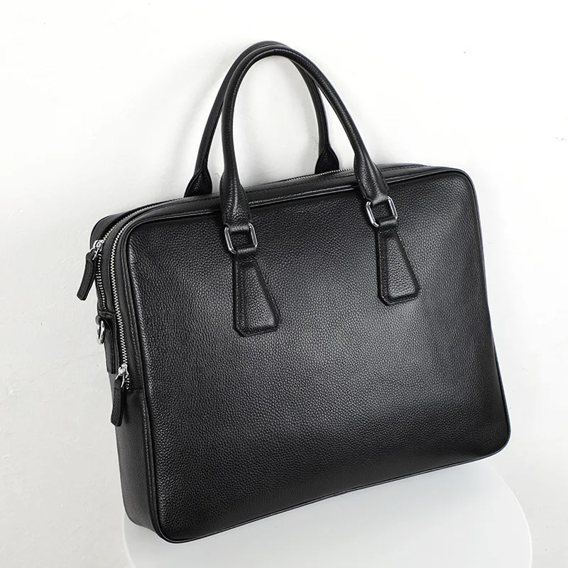 Double Zipper Briefcase Men Bag Genuine Leather Shoulder Bag 14 inch Laptop Bags Large Capacity Handbag Business Men's Briefcase