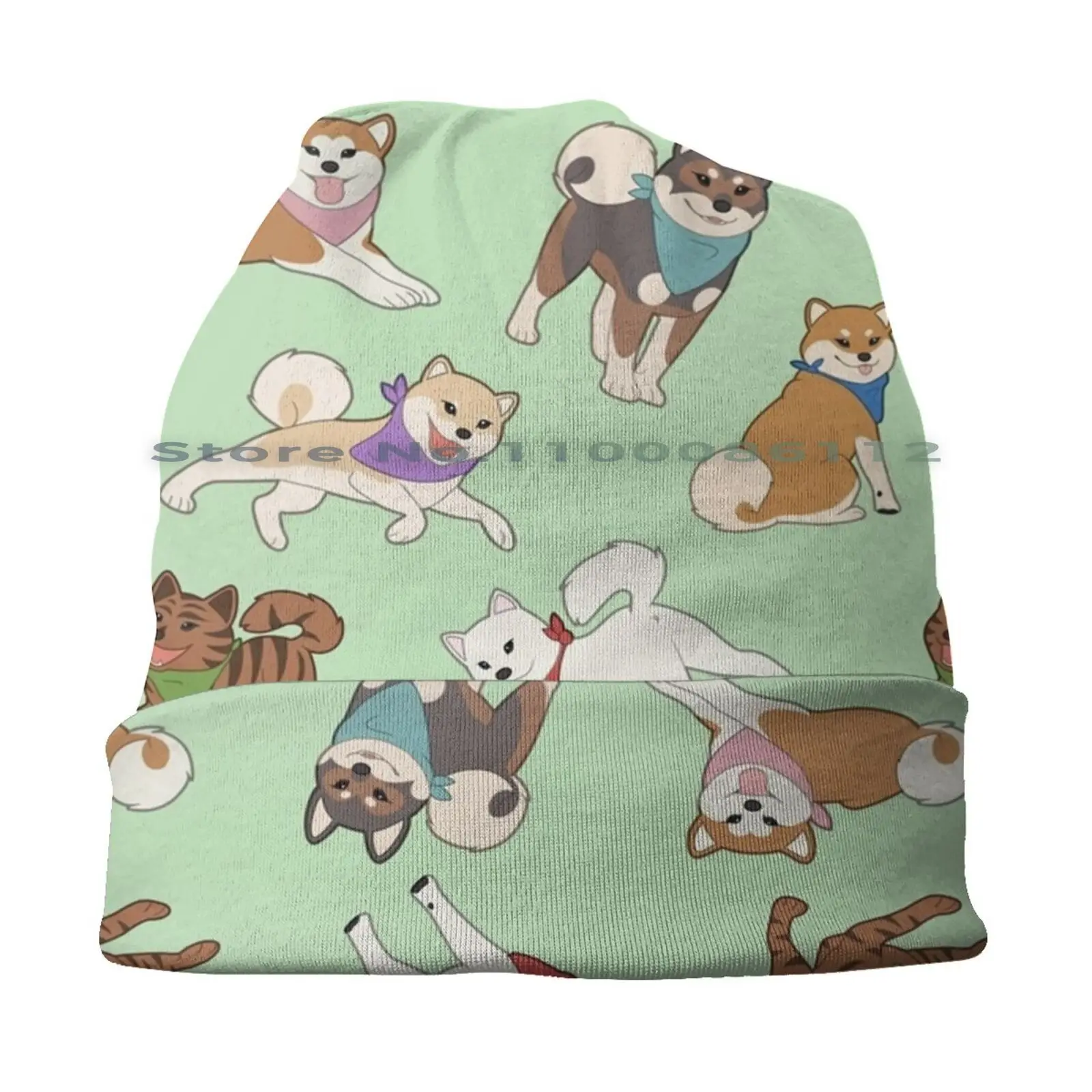 Nihon Ken Pattern-Green Beanies Knit Hat Nihon Ken Japanese Dog Shiba Inu Akita Inu Kishu Ken Kishu Inu Hokkaido Ken Hokkaido