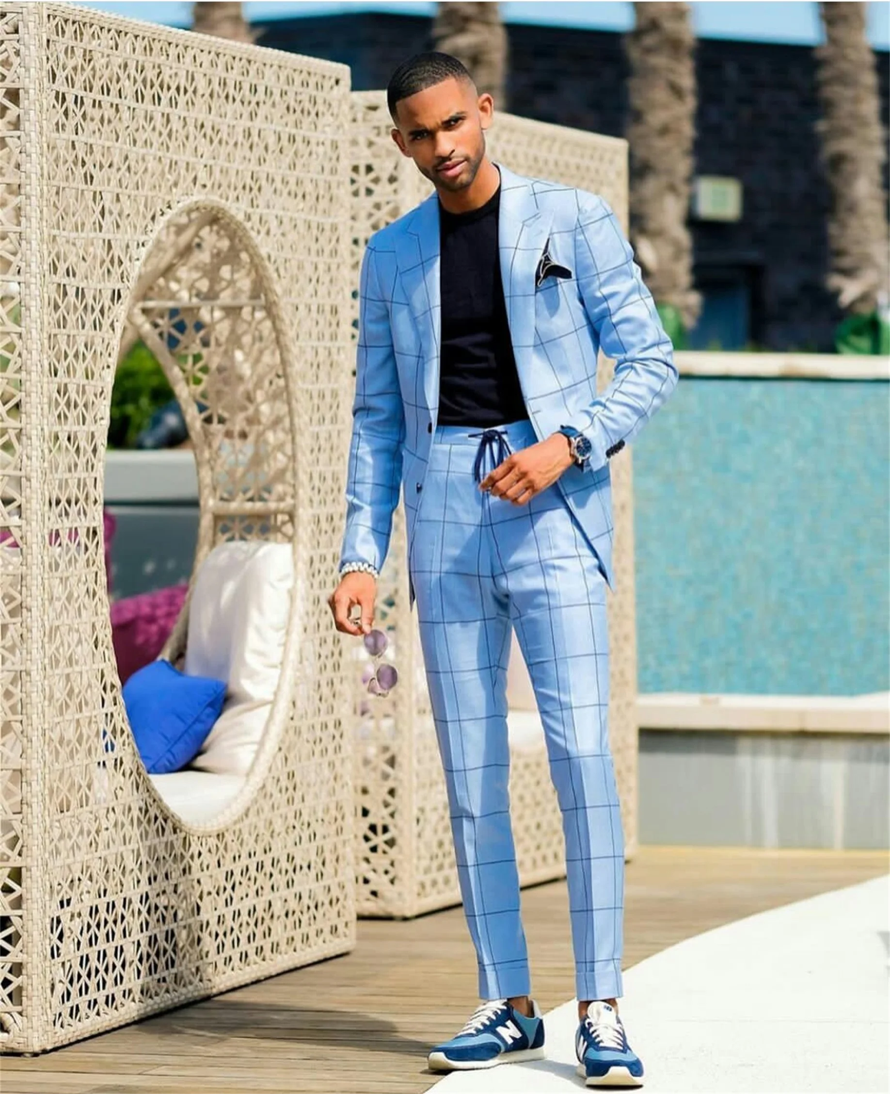 Tailored Light Blue Check Mens Suits 2 Pieces Groom Best Man Pants Suit Business Wedding Blazer (Jacket+Pants)