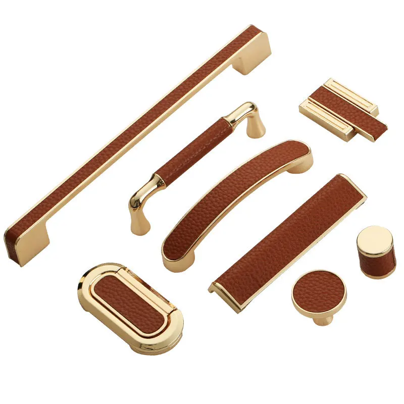 Leather +  Zinc Alloy Light Luxury Cabinet Dresser Handles and Pulls Drawer Door Knobs Brown Black Furniture Decoration Hardware