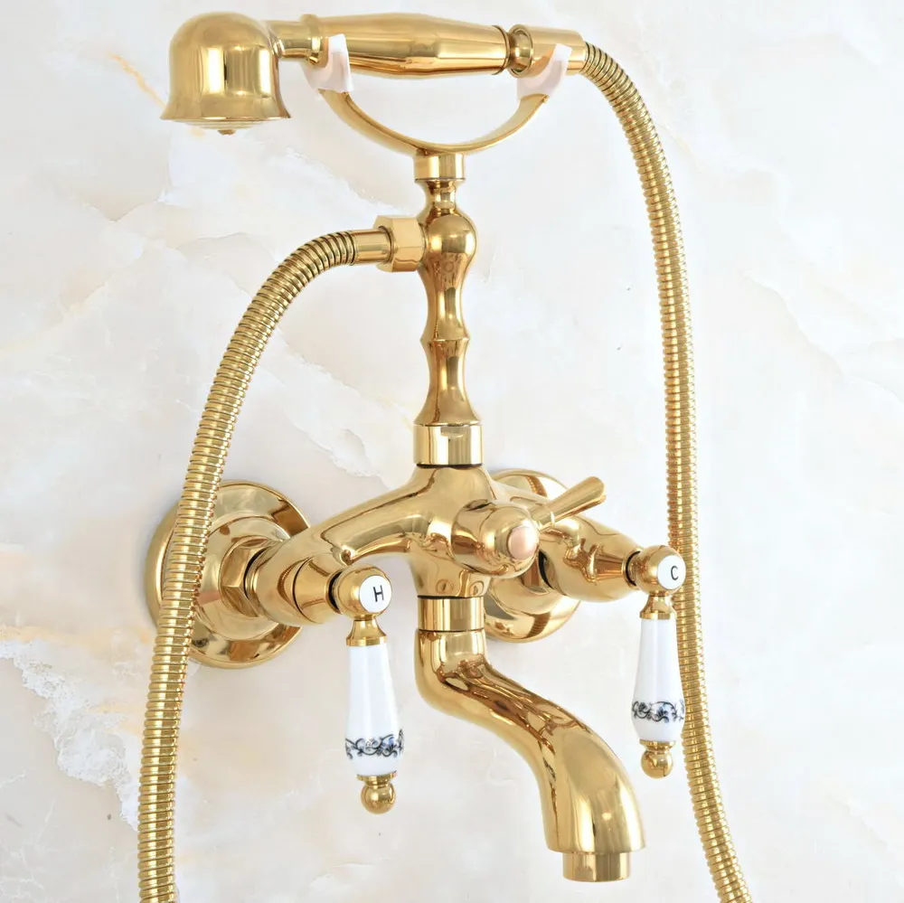 

Luxury Polished Gold Color Brass Bathroom Wall Mounted Clawfoot Tub Faucet Taps Set With Hand Held Shower Head Spray mna819