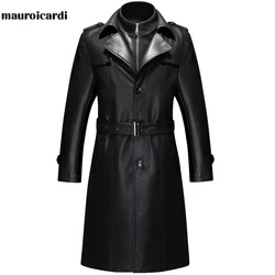 Mauroicardi Spring Autumn Long Black Leather Blazers Men Belt Plus Size Waterproof Windproof Pu Leather Coat for Men 3xl 4xl 5xl