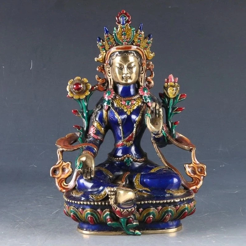 

12'' China Tibet Bronze Cloisonne Handwork Carved Bodhisattva Tara Buddha Statue metal handicraft home decoration