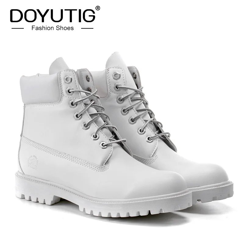 DOYUTIG Stivali da esterno in pelle di mucca di colore bianco di marca per uomo e donna Stivali casual per coppie Stivali militari traspiranti di moda SG003