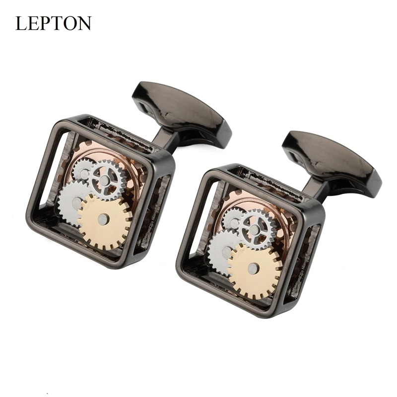 

Lepton Black Color Square Framed Steampunk Gear Watch Mechanism Cufflinks For men Business wedding cuff links Relojes gemelos