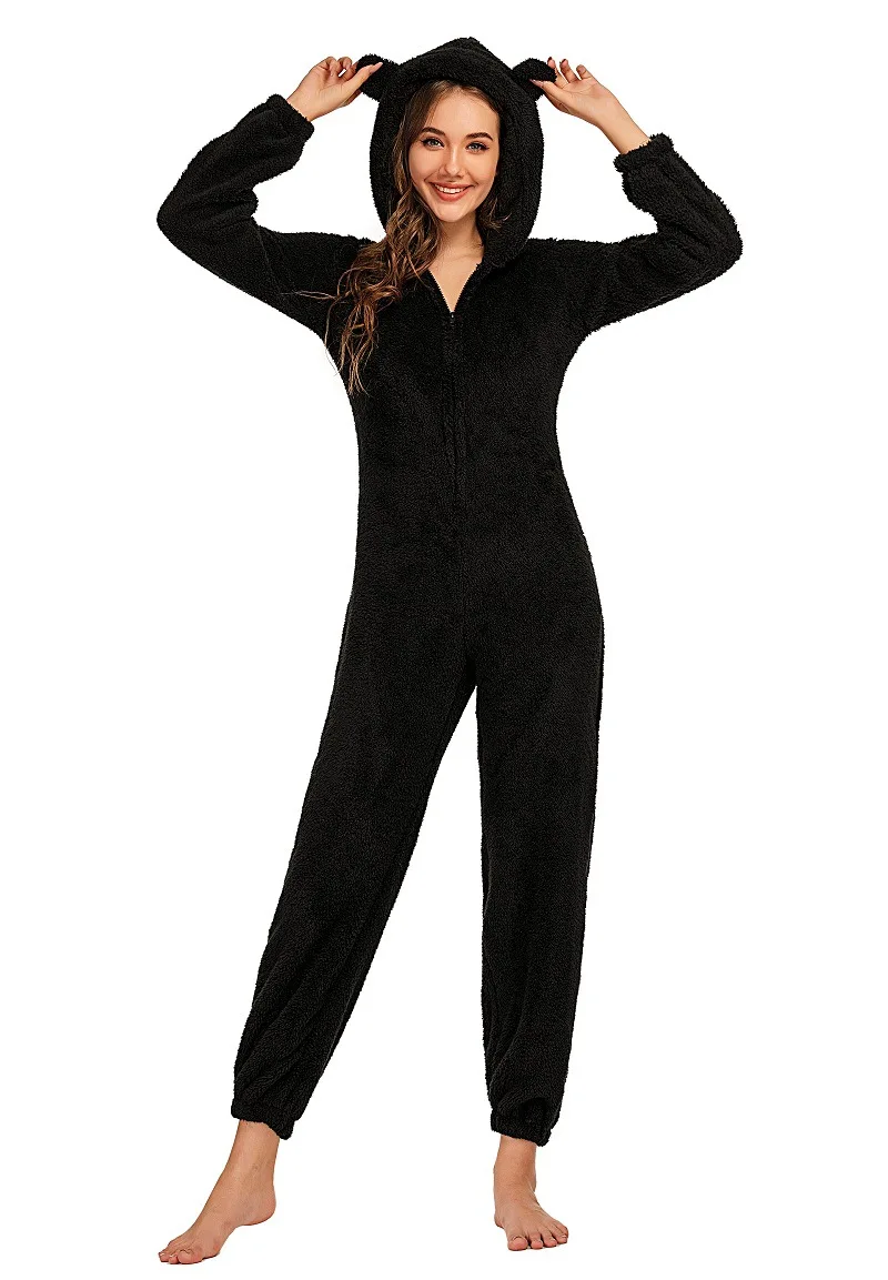 Women\'s Winter Warm Pyjamas Girls Onesies Fluffy Fleece Jumpsuits Nightwear Overall Hooded Sets Pajamas for Female Plus Size