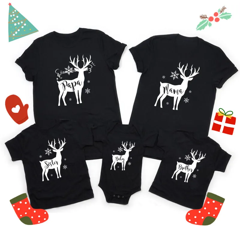 Family Christmas Matching Clothes Reindeer Print Daddy Mommy Brother Sister Tshirt Baby Romper Funny Cotton Family Look Outfits