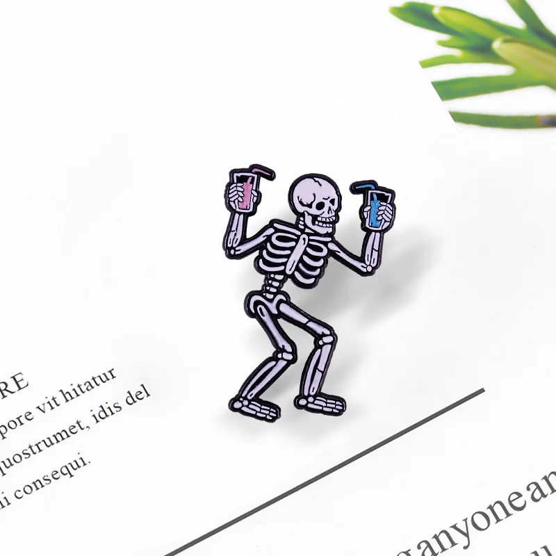 Skull Drink Halloween Party Ename Pin Brooch Skeleton Disco Dancing Badge Fashion Jewelry