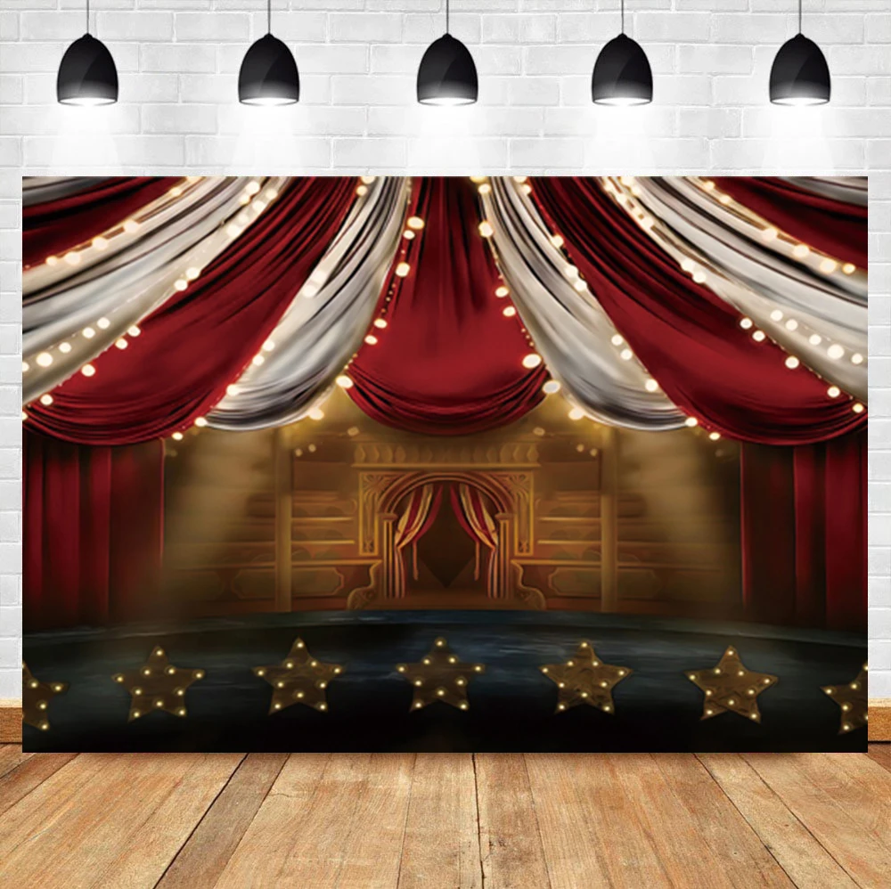 

Laeacco Circus Indoor Scene Red White Curtain Shining Lights Stars Baby Child Poster Portrait Customized Photographic Backdrops