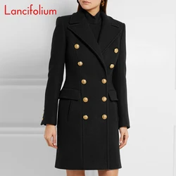 Long Imitation Woolen Coat Women Autumn Winter  Military Black Wool Blends Double-breasted Elegant Woolen Coat Outwear Jacket
