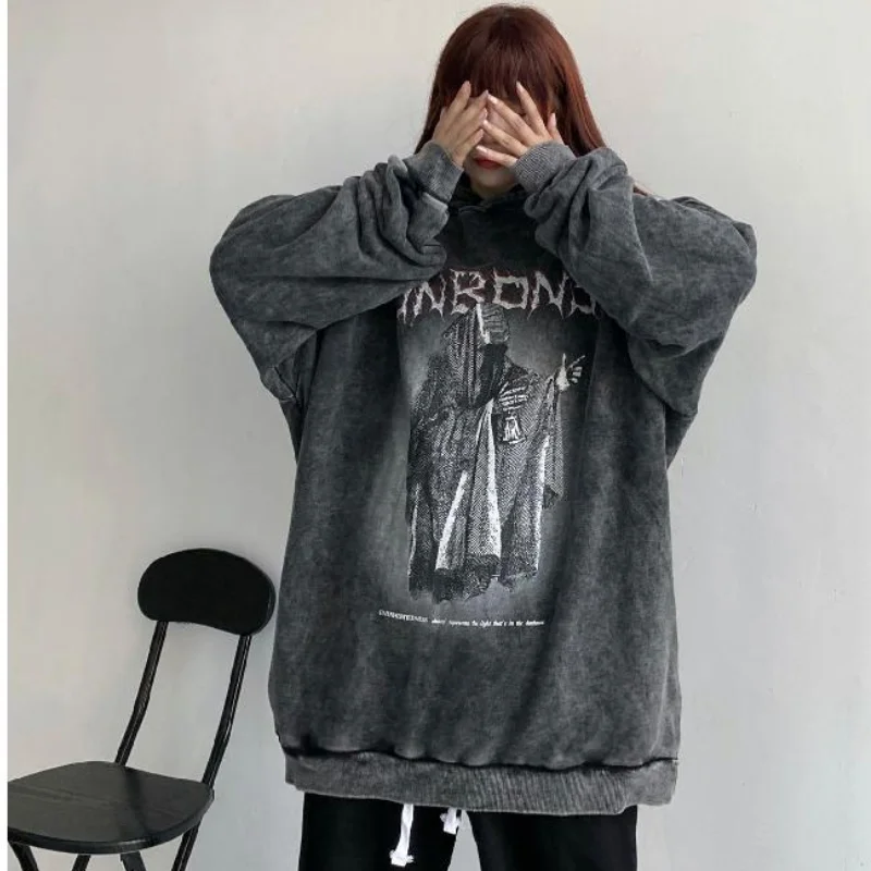 HOUZHOU Gothic Women Hoodie Aesthetic Vintage Dark Clothes Autumn 2021 Long Sleeve Thin Sweatshirt Oversized Y2k Streetwear