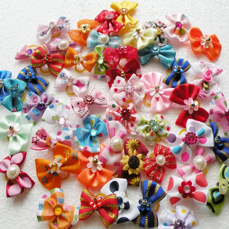 10/20/30pcs Lace Pearl PetDog Hair Bows Fashion Cute Dog Bows Rubber Bands Pet Hair Collar Decoration for Dog Accessories