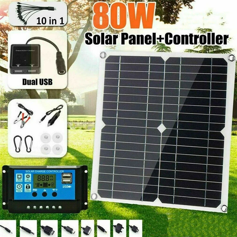 80W Solar Panel Kit Portable Dual-USB Boat Battery Charger Folding 18V Solar Panel Charger with 20A Controller Camping Caravans